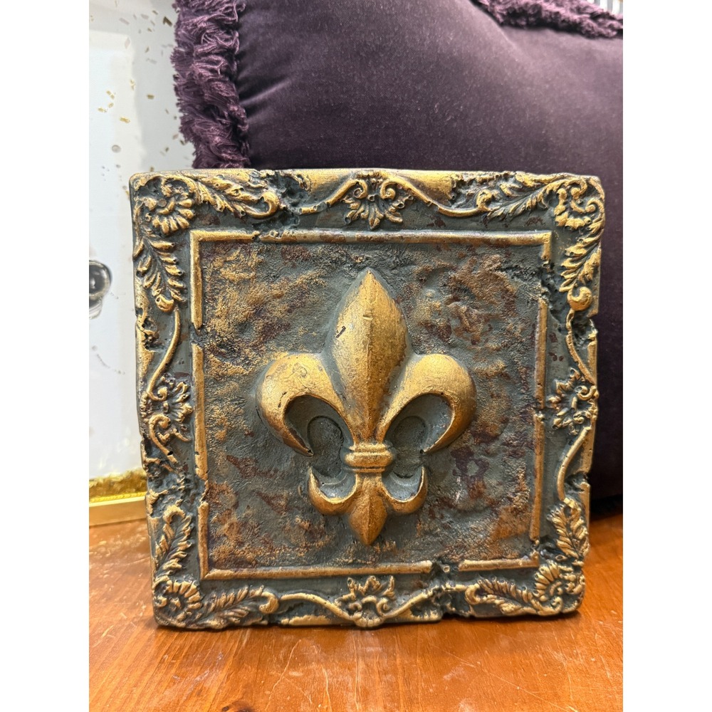 Vintage Fleur de Lis Wall Gallery Gold Bronze Distressed Ceramic Decor 8x8
